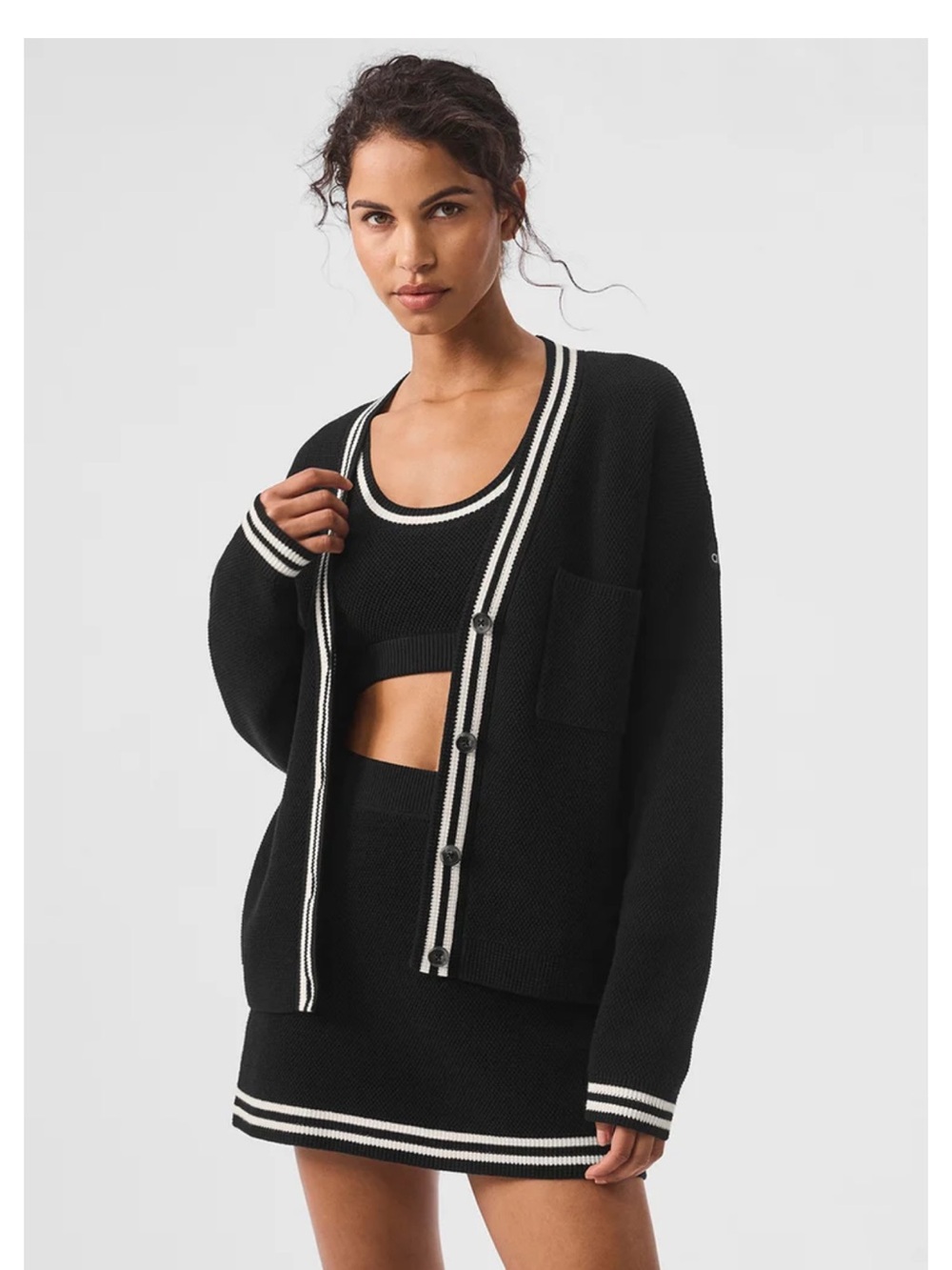 ALO Tennis Club Black Cardigan with White Contrast Trim